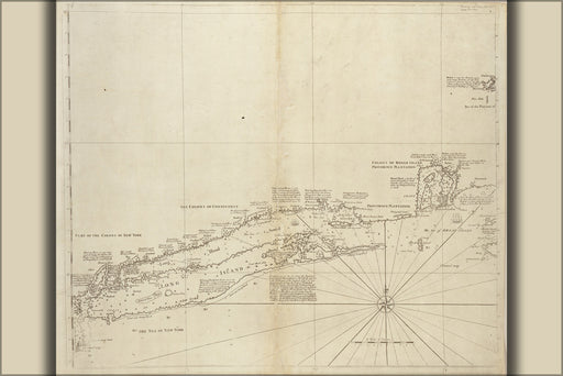 24"x36" Gallery Poster, coastal map of rhode island & long island 1734