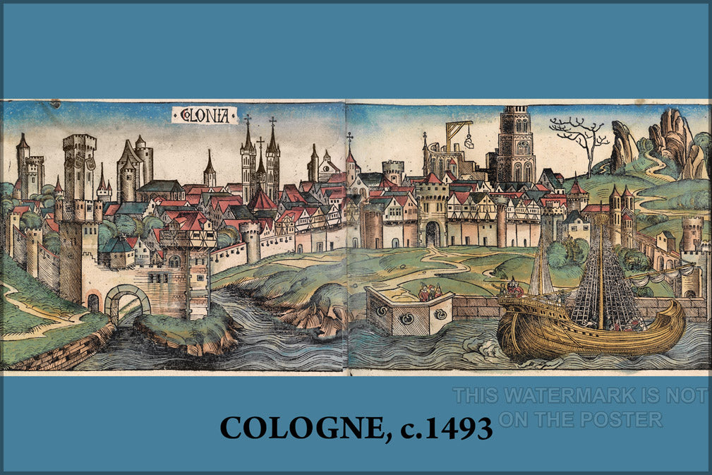 24"x36" Gallery Poster, cologne Woodcut of Cologne from the Nuremberg Chronicle c1493