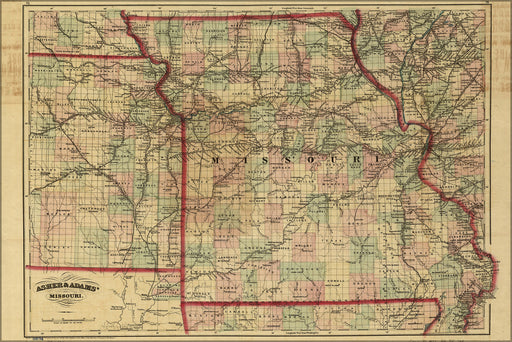24"x36" Gallery Poster, commercial railroad map of Missouri 1872