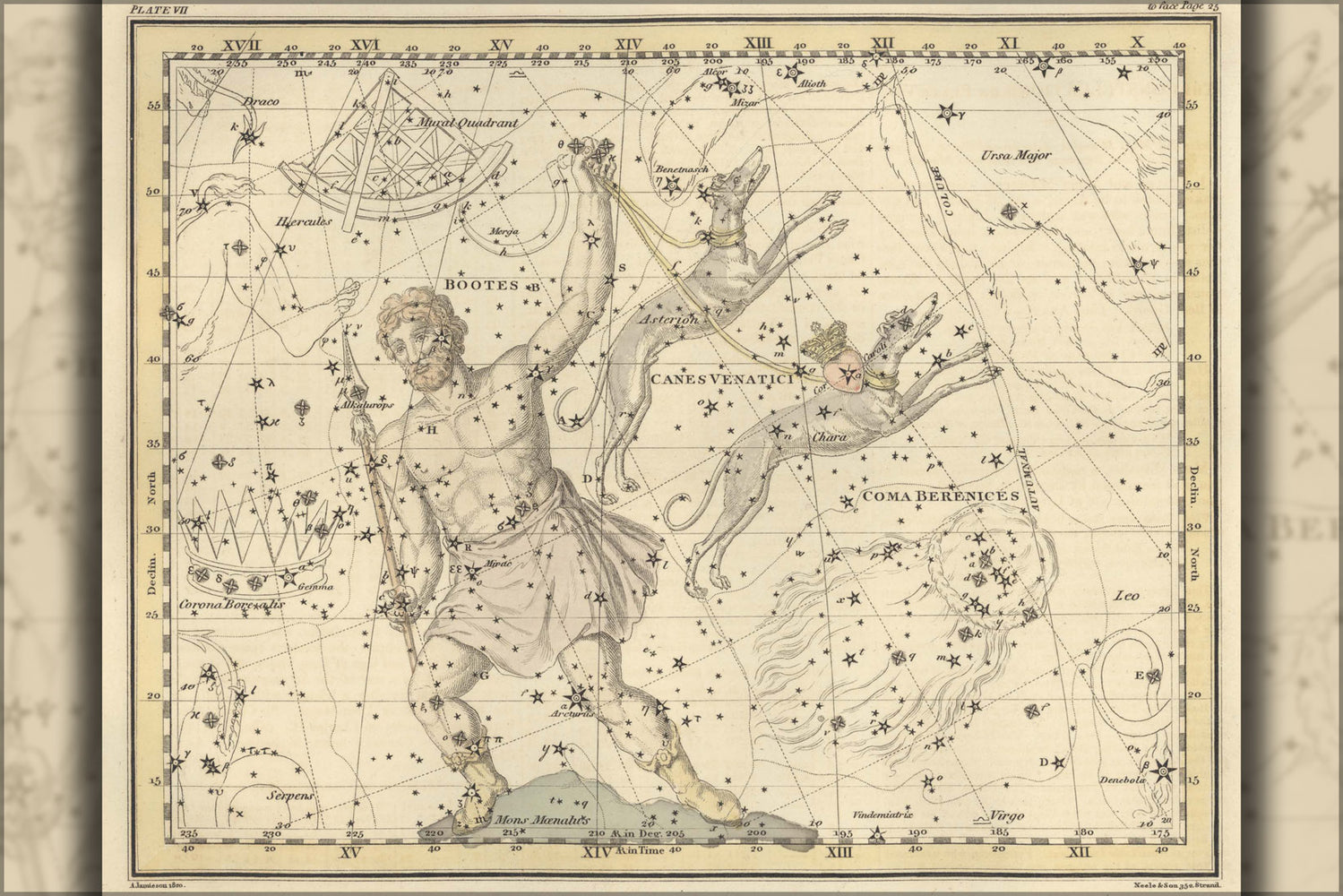24"x36" Gallery Poster, constellation map of bootes Canes Venatici Coma Berenices 1822