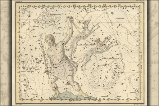 24"x36" Gallery Poster, constellation map of bootes Canes Venatici Coma Berenices 1822