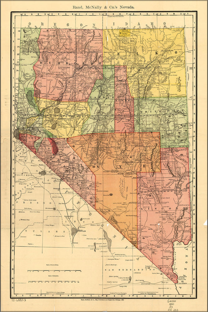 24"x36" Gallery Poster, county, railroad, shippers map of Nevada 1893