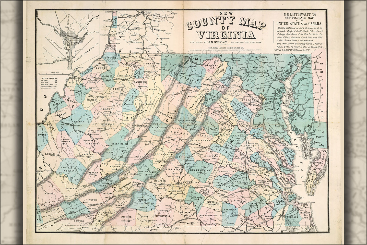 24"x36" Gallery Poster, county map of Virginia 1861
