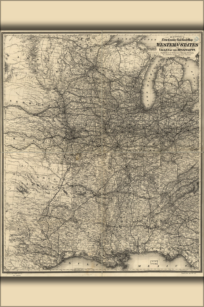 24"x36" Gallery Poster, county & railroad map midwest united states 1874