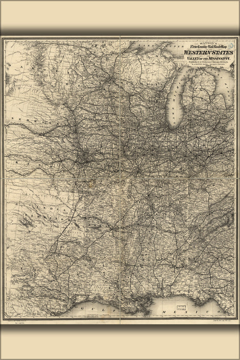 24"x36" Gallery Poster, county & railroad map midwest united states 1874