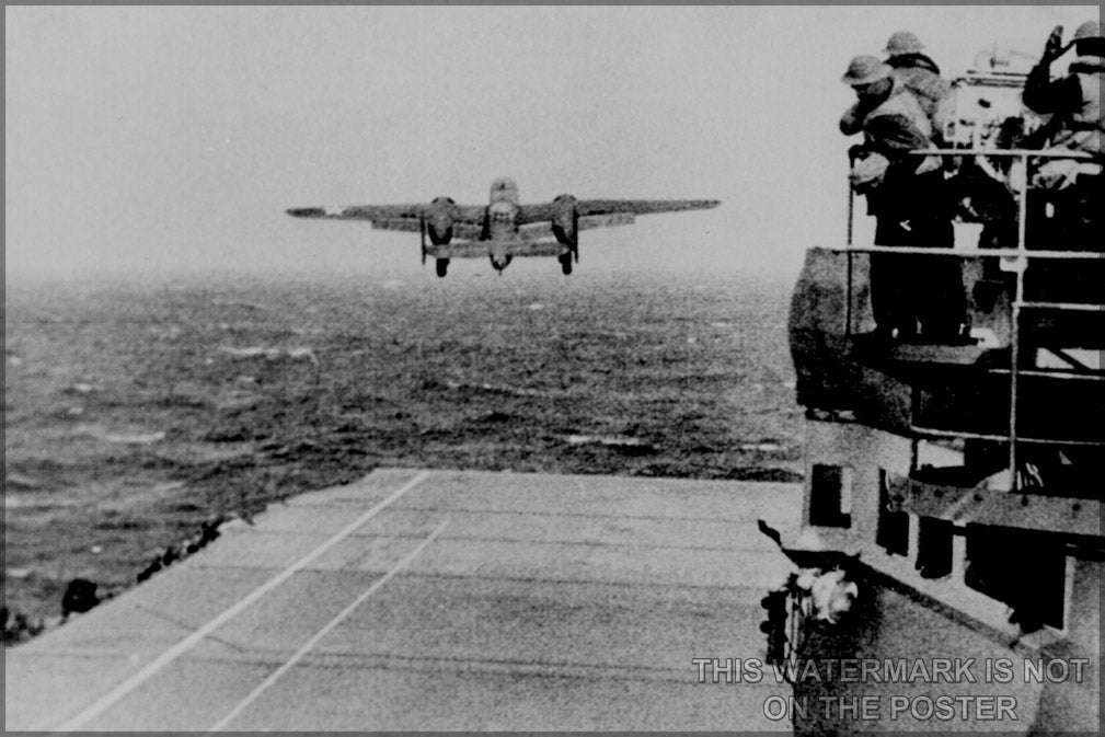 24"x36" Gallery Poster, doolittle raid b-25 mitchell taking off from uss hornet doolittle raid