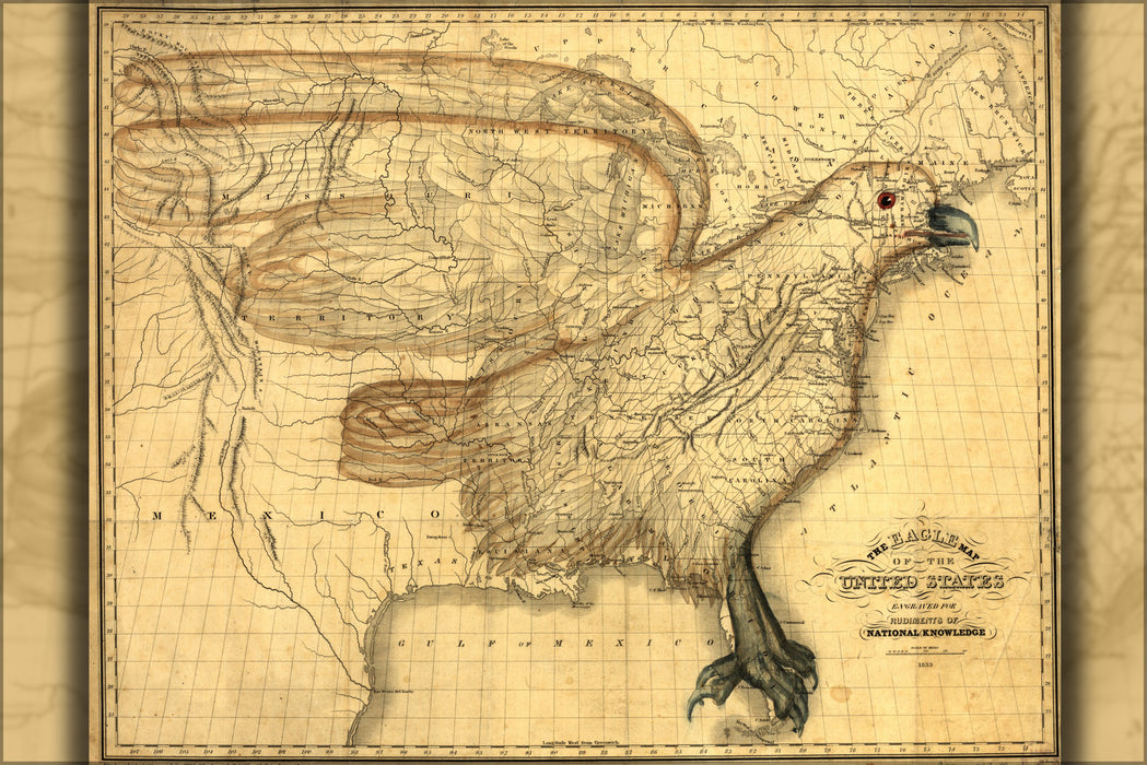 24"x36" Gallery Poster, eagle map of the United States 1833