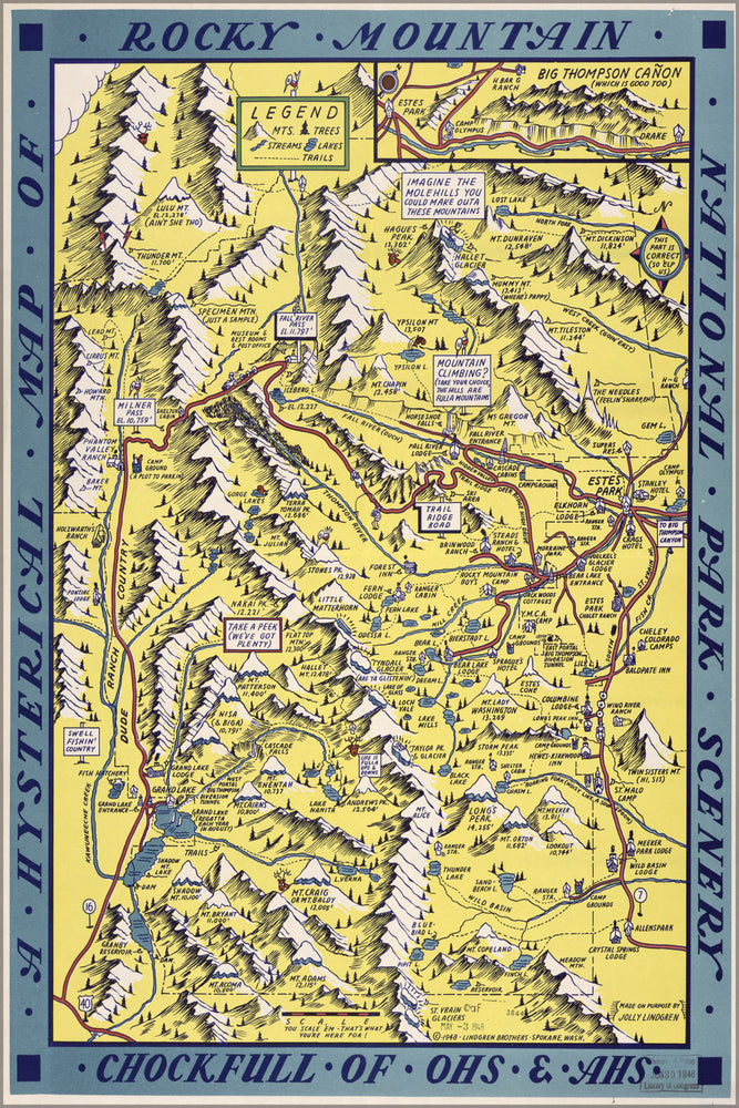 24"x36" Gallery Poster, funny map of Rocky Mountain National Park 1948