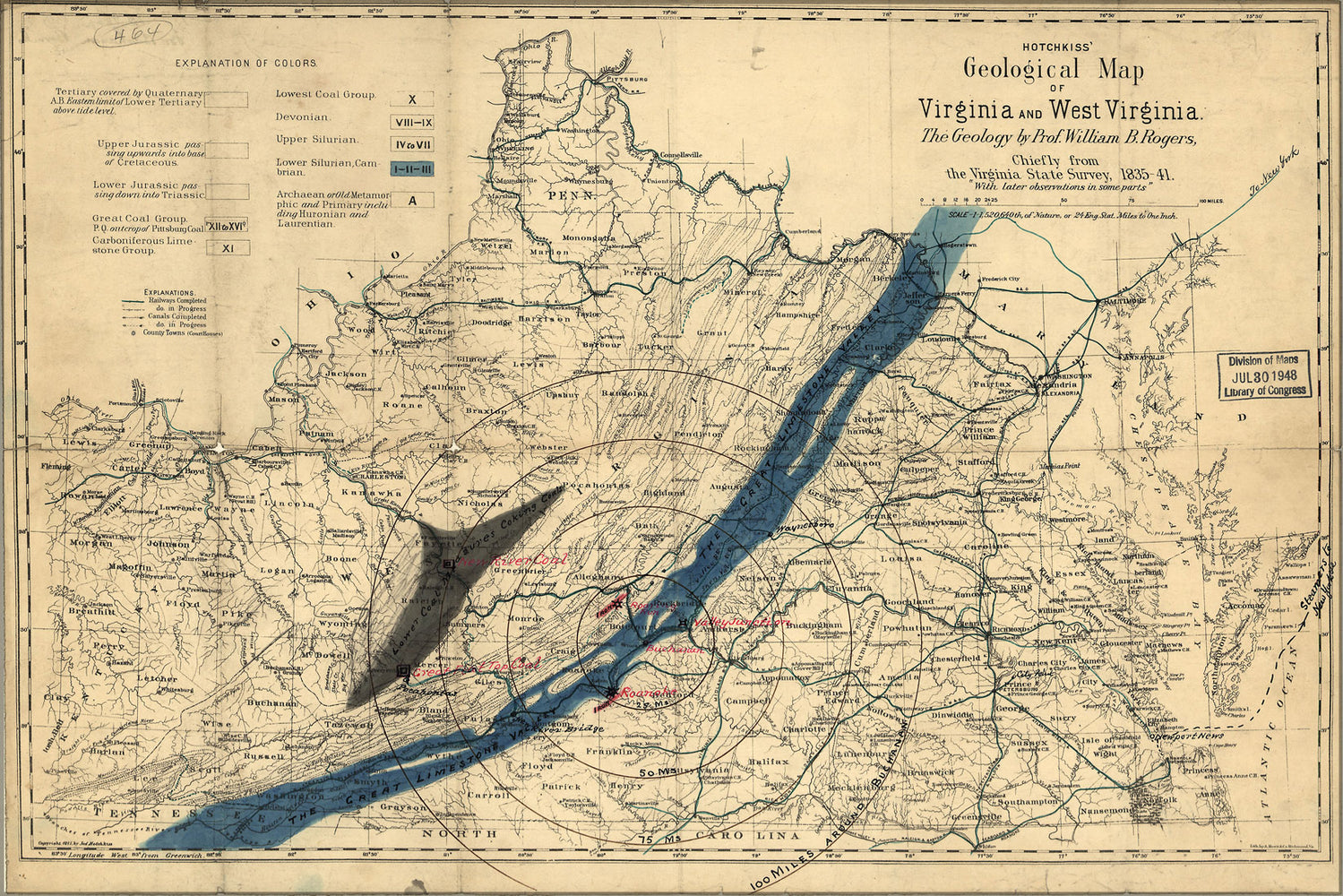 24"x36" Gallery Poster, geological map of Virginia and West Virginia 1875