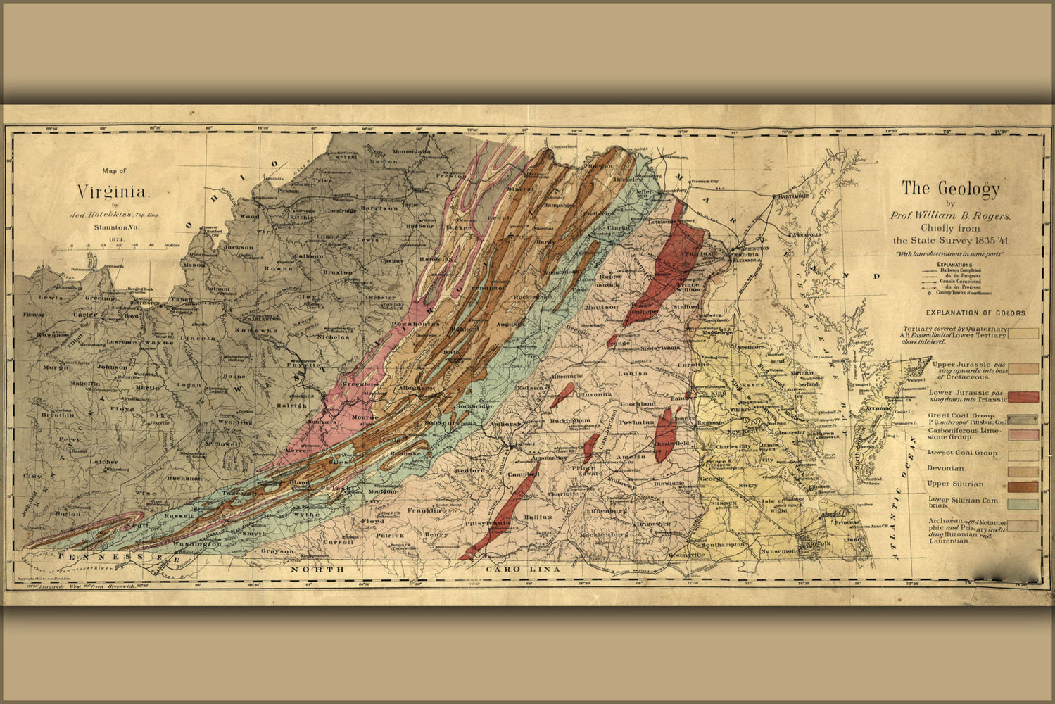 24"x36" Gallery Poster, geology Map of Virginia 1874