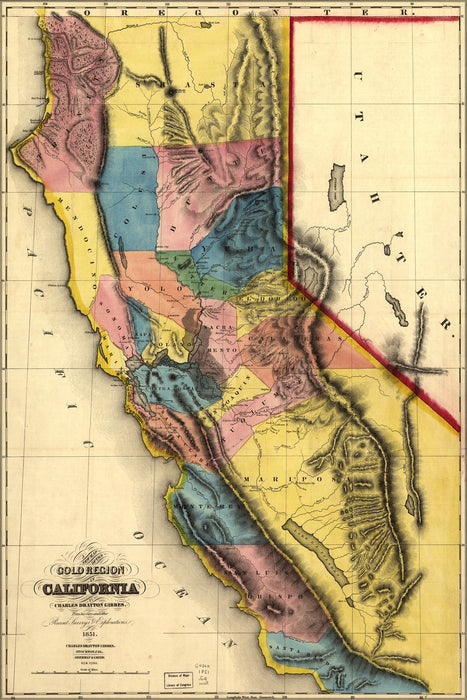 24"x36" Gallery Poster, gold rush era map of gold region California 1851