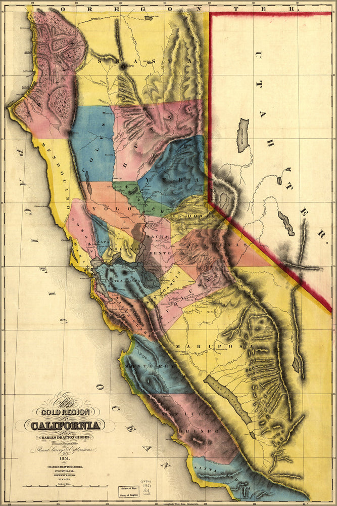 24"x36" Gallery Poster, gold rush era map of gold region California 1851