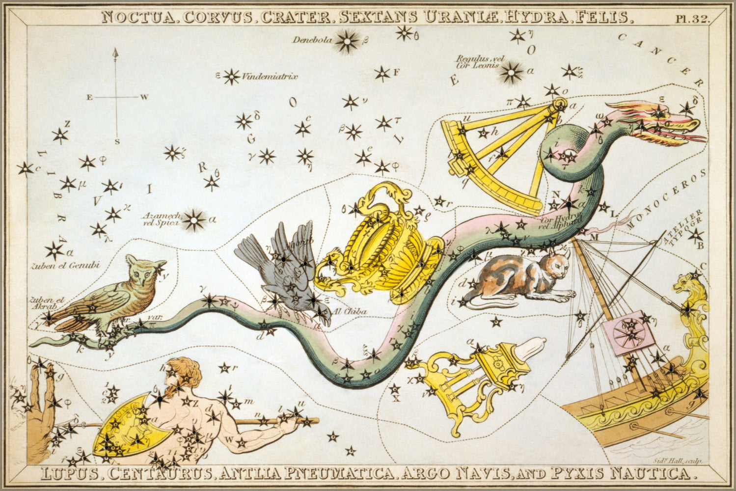 24"x36" Gallery Poster, hydra constellation star map for astronomy astrology 1825