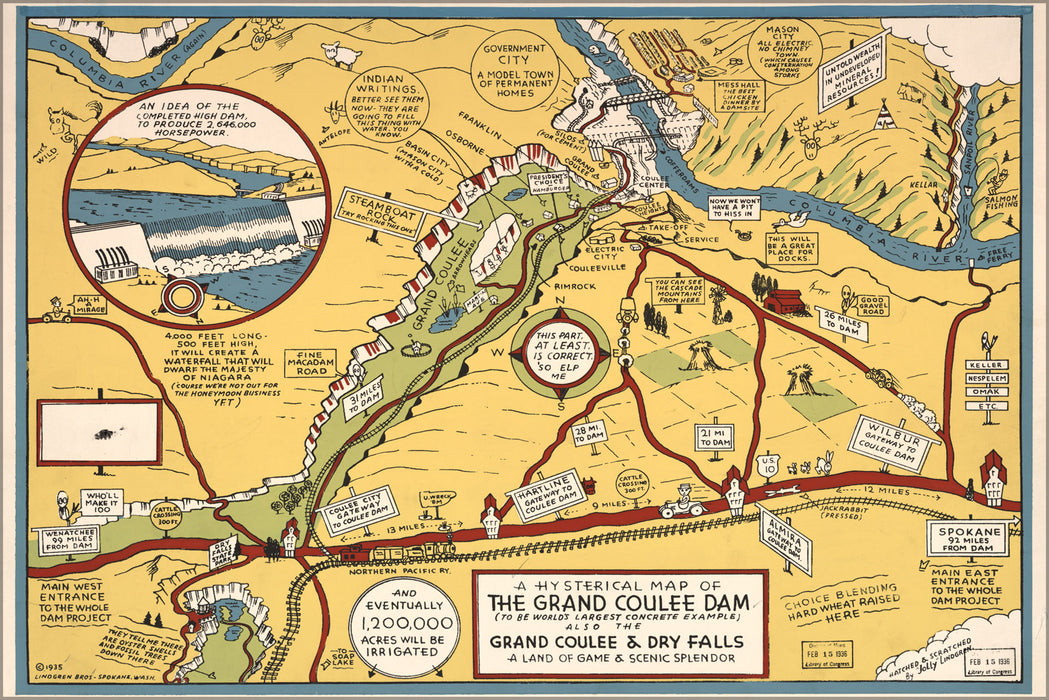 24"x36" Gallery Poster, hysterical map of the Grand Coulee Dam 1935