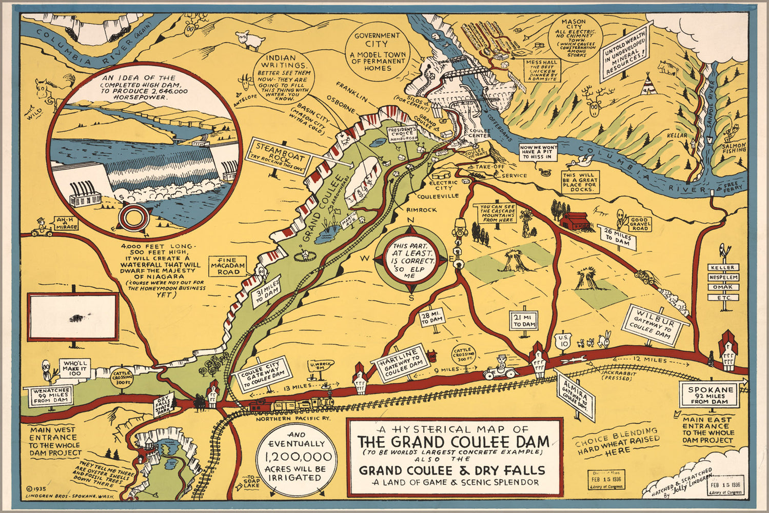 24"x36" Gallery Poster, hysterical map of the Grand Coulee Dam 1935