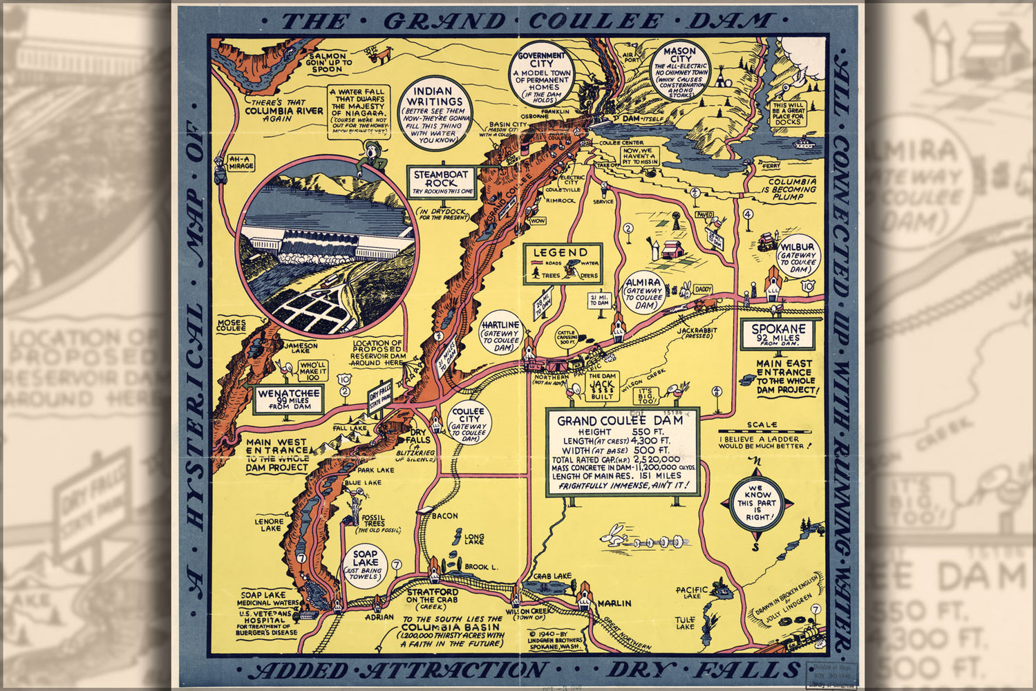 24"x36" Gallery Poster, hysterical map of the Grand Coulee Dam 1940
