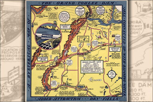 24"x36" Gallery Poster, hysterical map of the Grand Coulee Dam 1940