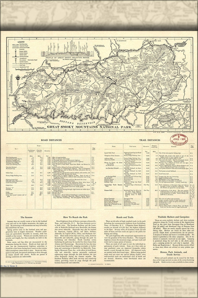 Poster, Many Sizes Available; Map Of Great Smoky Mountains National Park 1951