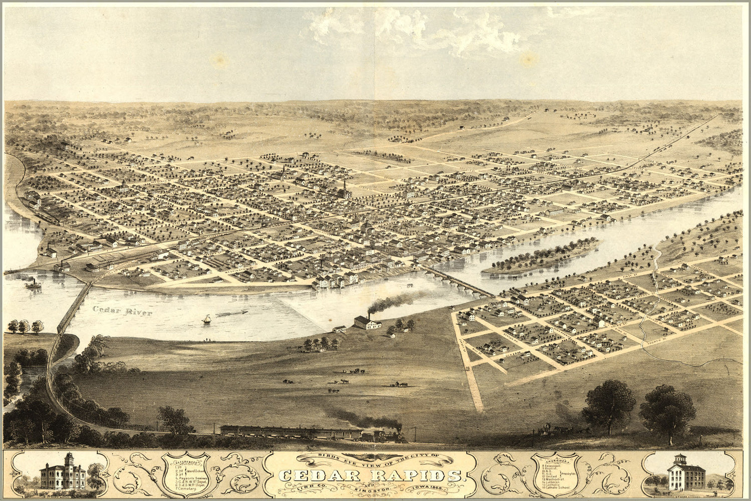 Poster, Many Sizes Available; Birdseye Map Of Cedar Rapids & Kingston Iowa 1868