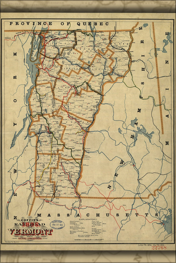 Poster, Many Sizes Available; Railroad Map Of Vermont  1896