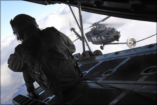 Poster, Many Sizes Available; Rear Ramp Of An Hc-130, Staff Sgt. Jeremy Mayo Observes An Aerial Refueling Of A U.S. Army Mh-60K Blackhawk He