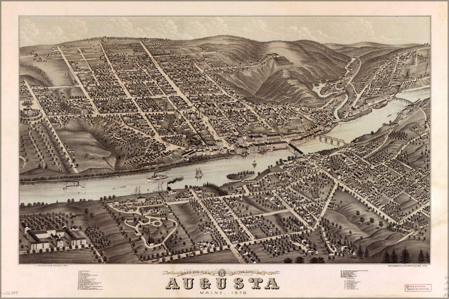 Poster, Many Sizes Available; Birdseye View Map Of Augusta, Maine, 1878