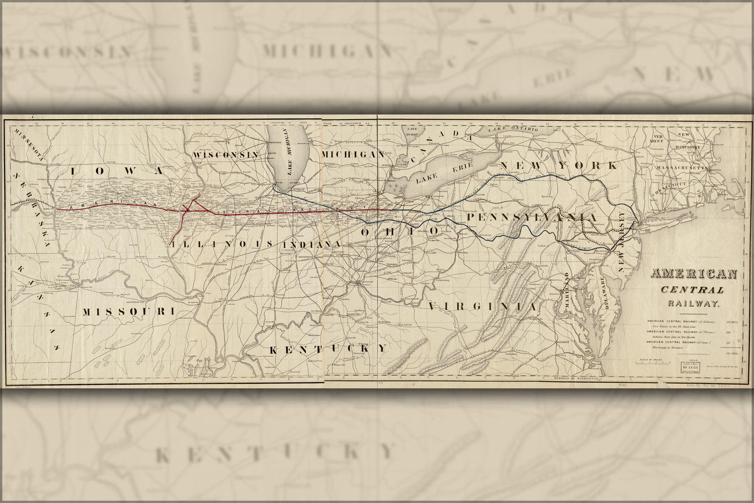 Poster, Many Sizes Available; Map Of American Central Railroad; Ohio Indiana Illinois, 1866