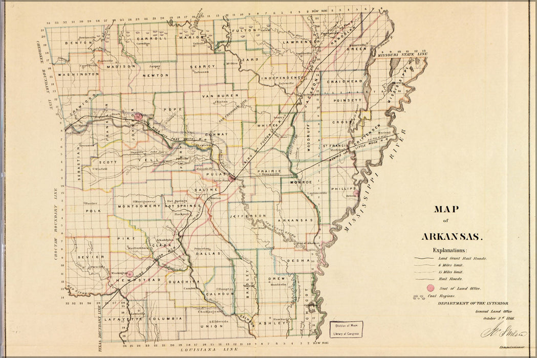 Poster, Many Sizes Available; Map Of Arkansas 1866