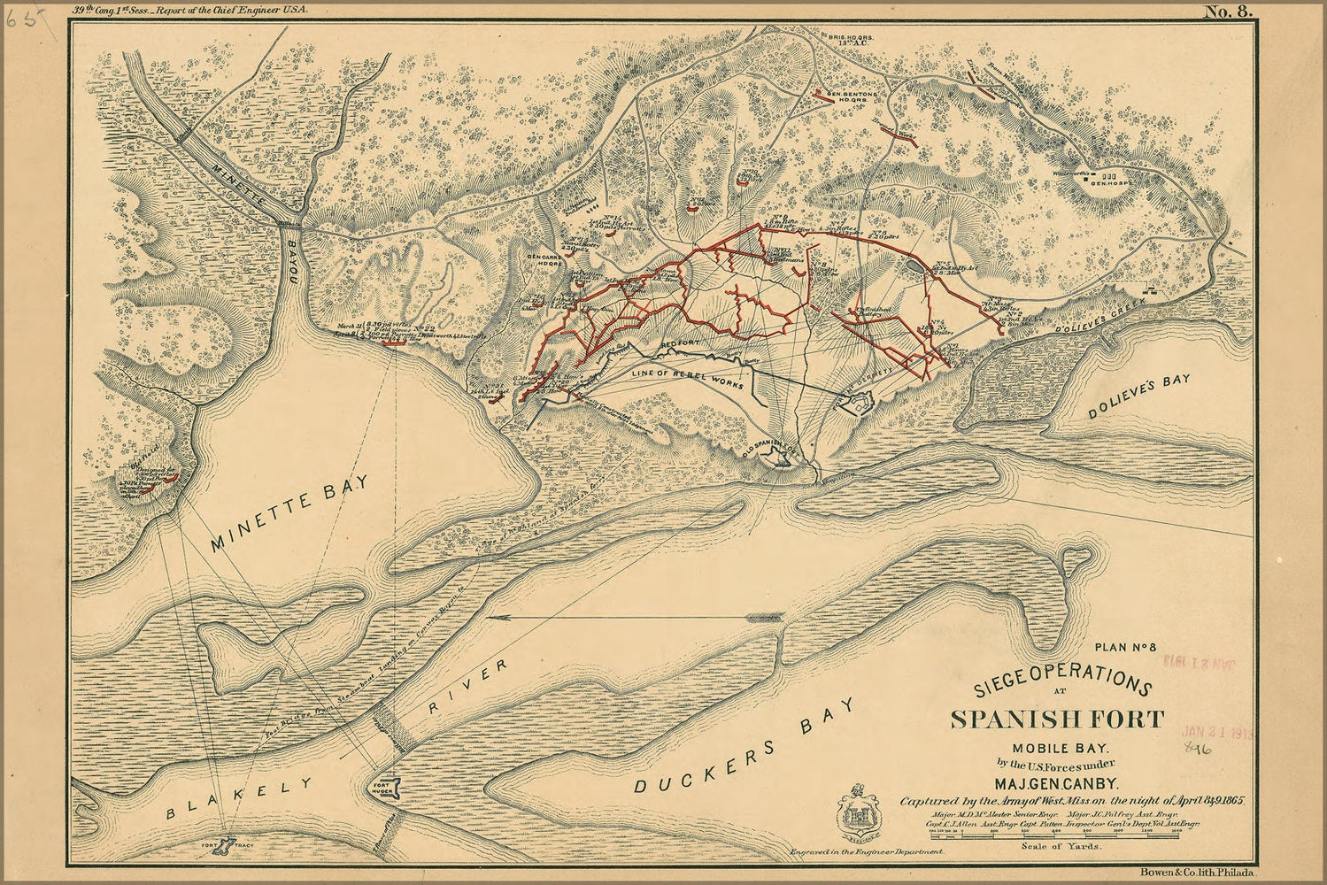 Poster, Many Sizes Available; Map Of Siege Operations At Spanish Fort, Mobile Bay Alabama 1865