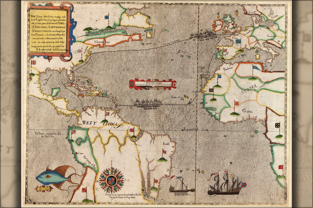 Poster, Many Sizes Available; Map Of Sir Francis Drake'S Voyage 1585-6