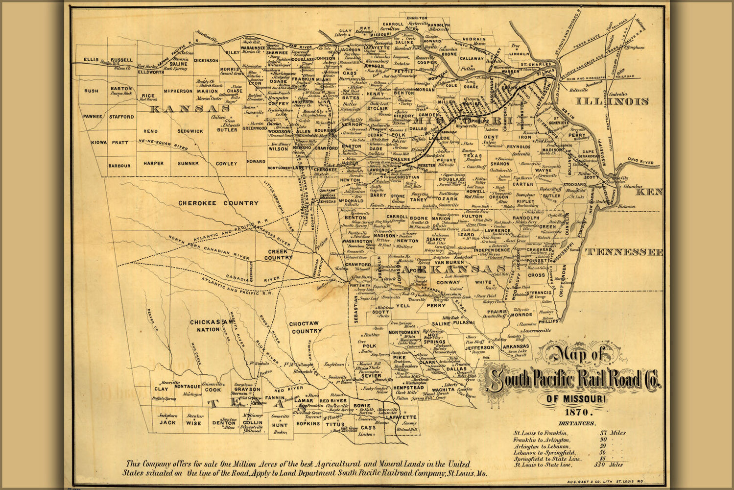 Poster, Many Sizes Available; Map Of South Pacific Railroad Co 1870 Arkansas Texas