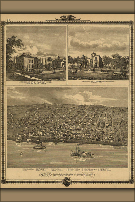 Poster, Many Sizes Available; Birdseye View Map Of Muscatine City Iowa 1875