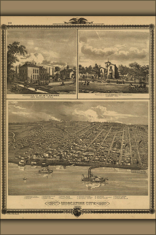 Poster, Many Sizes Available; Birdseye View Map Of Muscatine City Iowa 1875