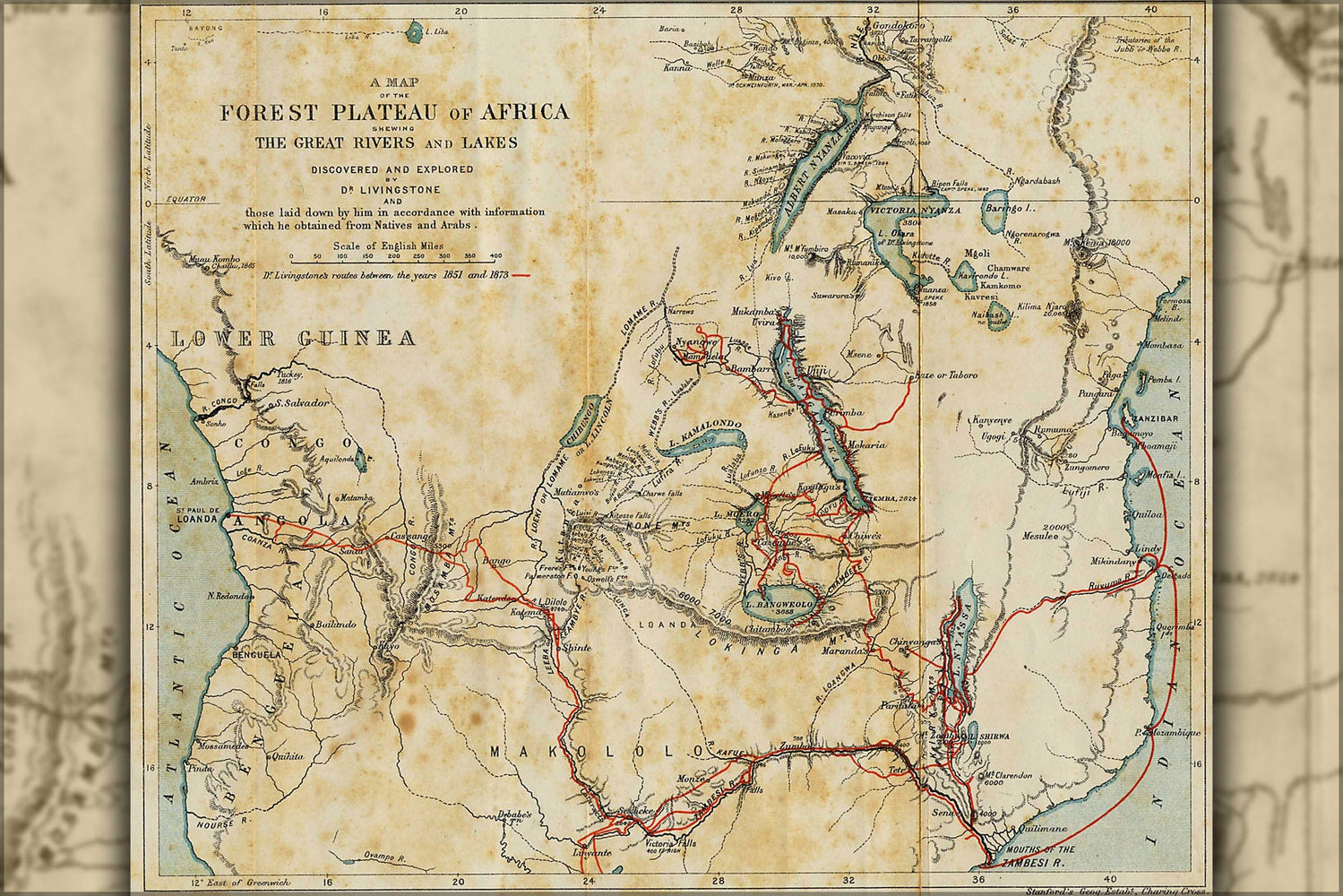 Poster, Many Sizes Available; Map Of The Travels Of David Livingstone In Africa 1873