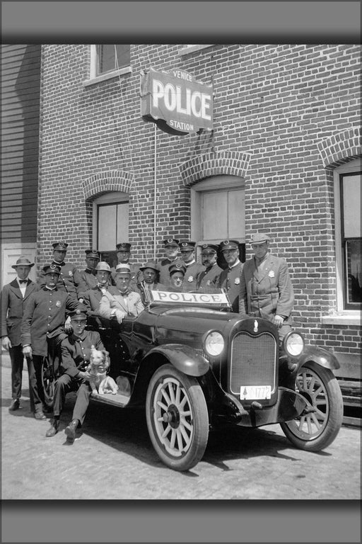 Poster, Many Sizes Available; Fifteen Uniformed Policemen Gather Around A Police Car Adjacent To The Venice Police Station, Ca.1920