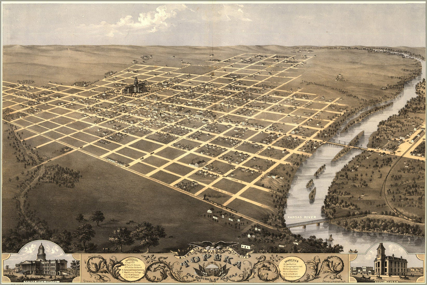 Poster, Many Sizes Available; Birdseye View Map Of Topeka, Kansas 1869