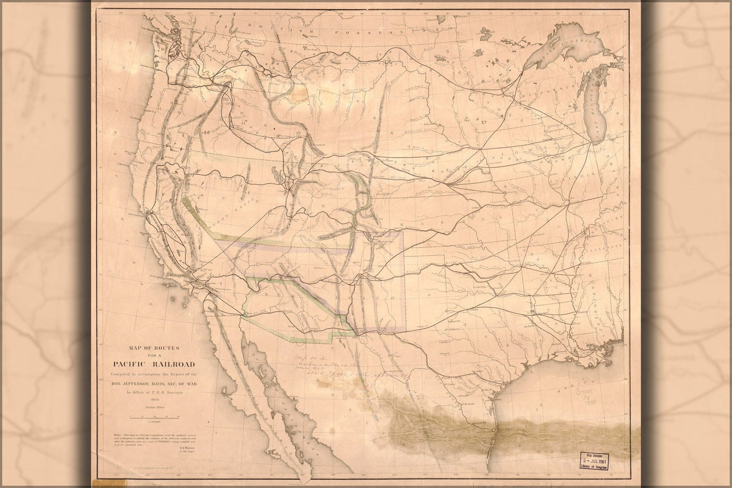 Poster, Many Sizes Available; Map Of Transcontinental Railroad Routes 1855