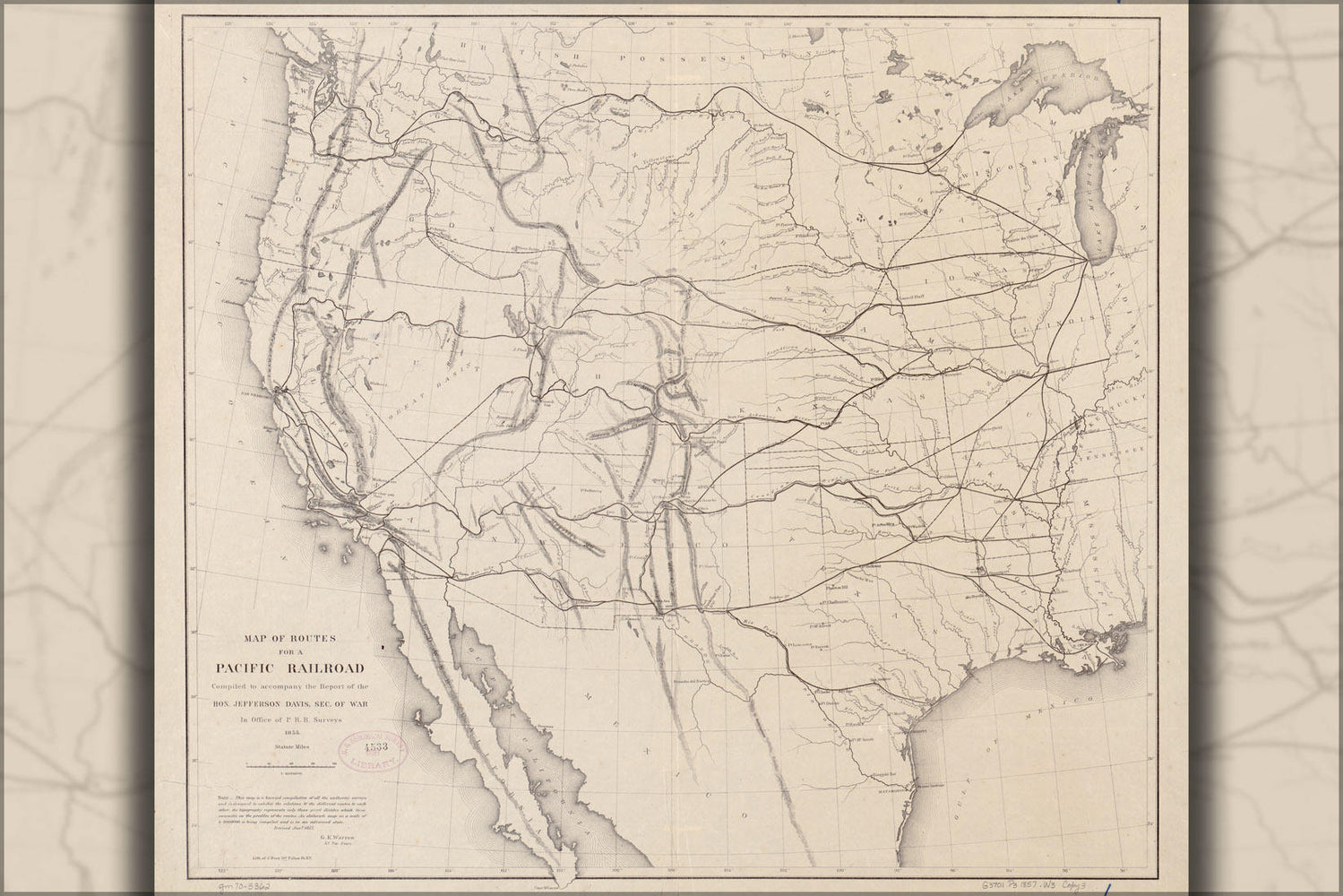 Poster, Many Sizes Available; Map Of Transcontinental Railroad Routes 1857