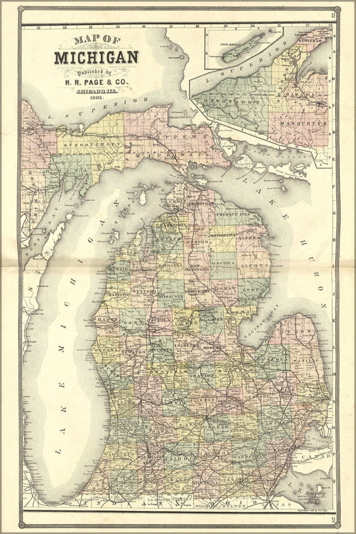 Poster, Many Sizes Available; Map Of Michigan 1885