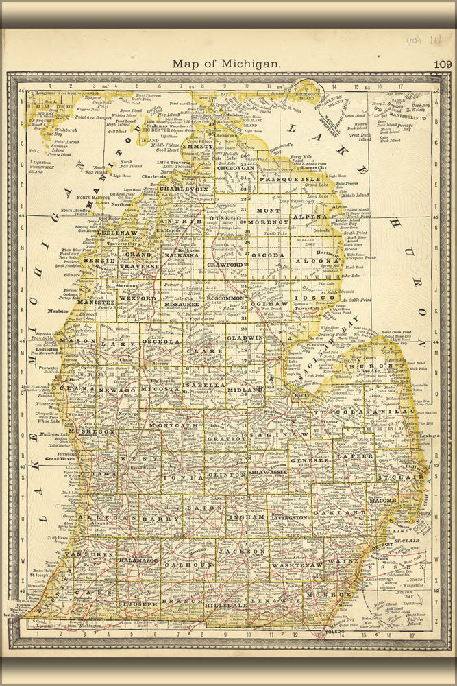 Poster, Many Sizes Available; Map Of Michigan Lower Peninsula 1881