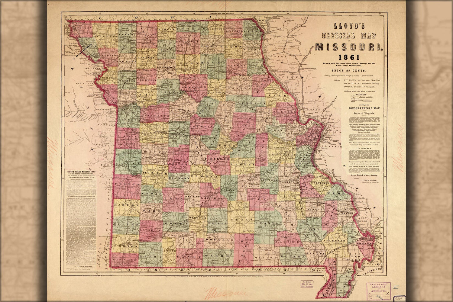 Poster, Many Sizes Available; Lloyd&#39;S Official Map Of Missouri 1861