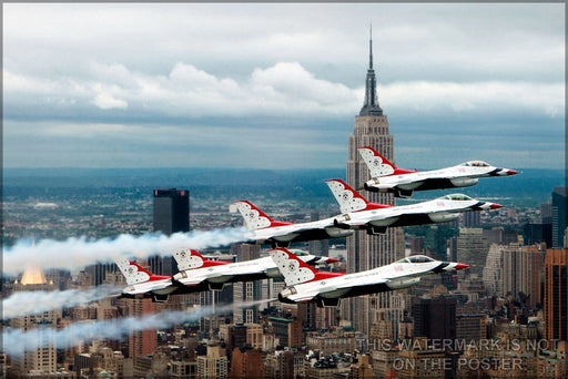 Poster, Many Sizes Available; Air Force Thunderbirds F-16 Fighting Falcons In Delta Formation Flying Near The Empire State Building