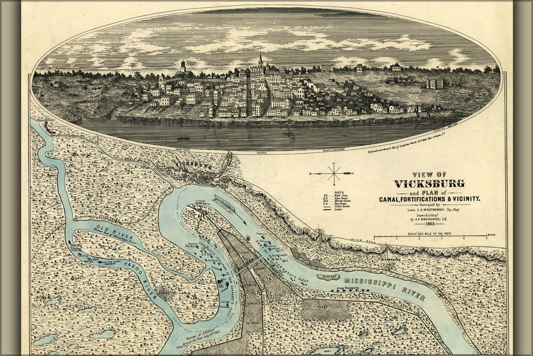 Poster, Many Sizes Available; Civil War Map And View Of Vicksburg 1863