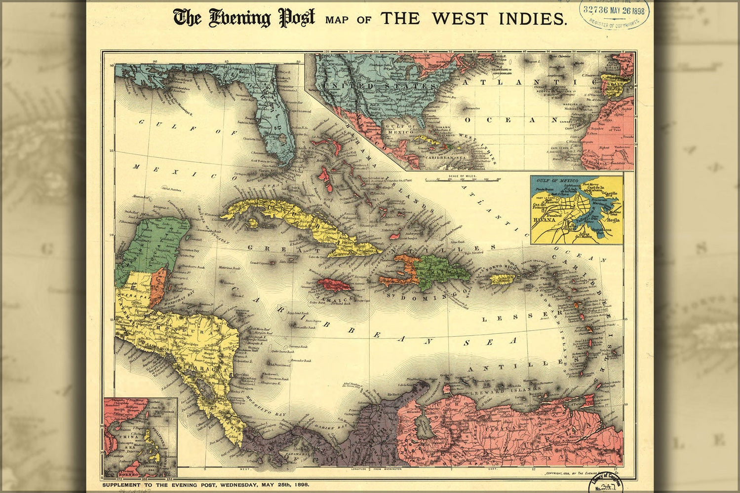 Poster, Many Sizes Available; Map Of West Indies Florida Cuba Jamaica 1898