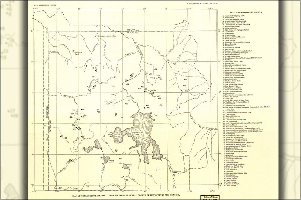 Poster, Many Sizes Available; Map Of Yellowstone National Park Hot Springs 1937