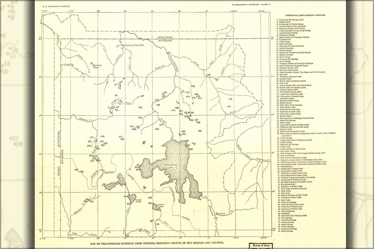 Poster, Many Sizes Available; Map Of Yellowstone National Park Hot Springs 1937