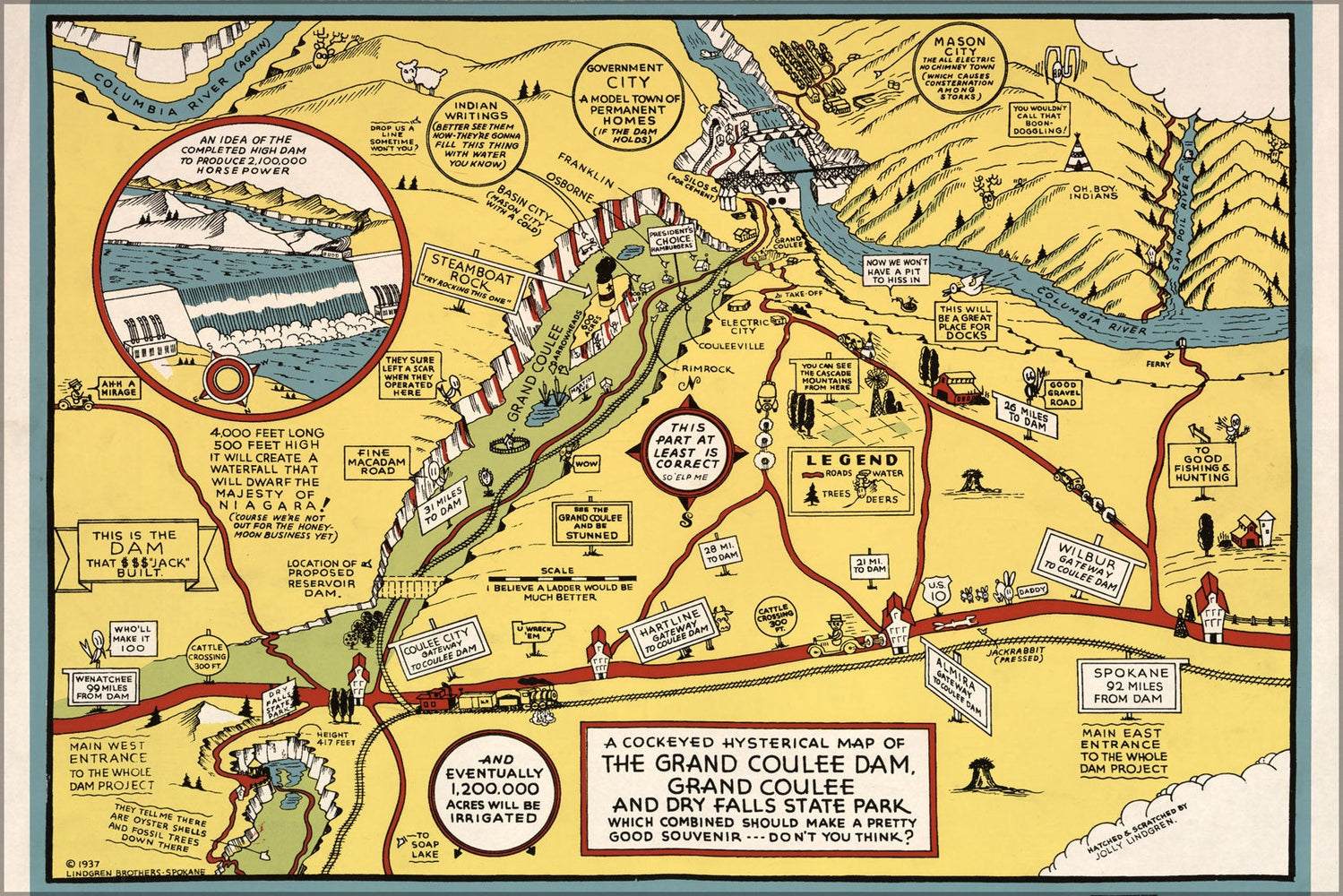 Poster, Many Sizes Available; Cockeyed Hysterical Map Of Grand Coulee Dam 1937