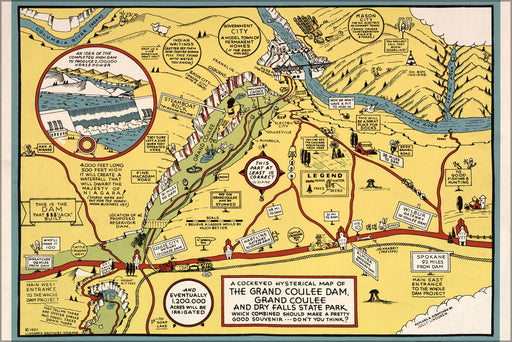 Poster, Many Sizes Available; Cockeyed Hysterical Map Of Grand Coulee Dam 1937