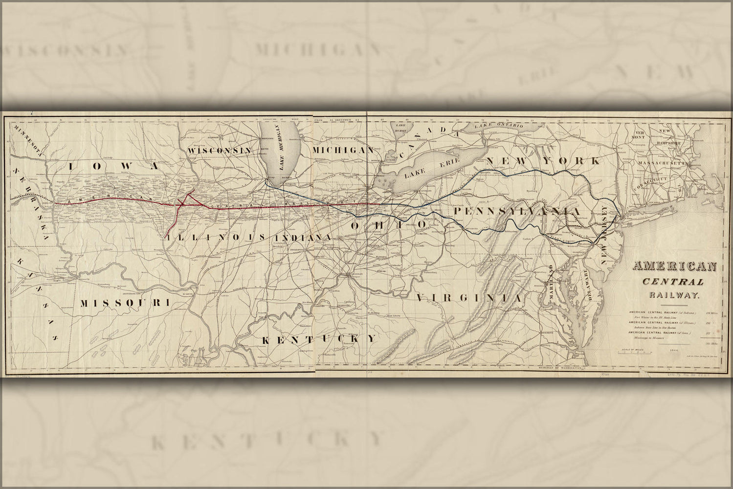 Poster, Many Sizes Available; Map American Central Railroad 1866 Ohio Indiana