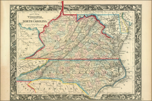 Poster, Many Sizes Available; County Map Of Virginia, And North Carolina 1860